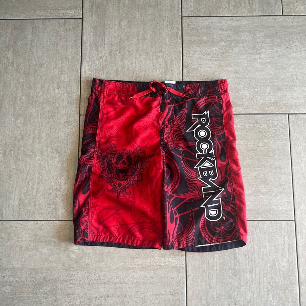 Rock Band Boys Red Black Skull Guitar Graphic Swim Trunks Board Shorts Sz 10 12